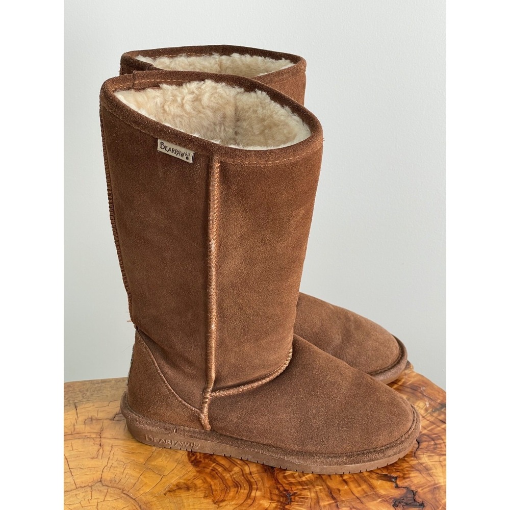 Bearpaw Women's Brown Suede Leather Tall Boots Size 7 Pull On Wool Blend Lining
